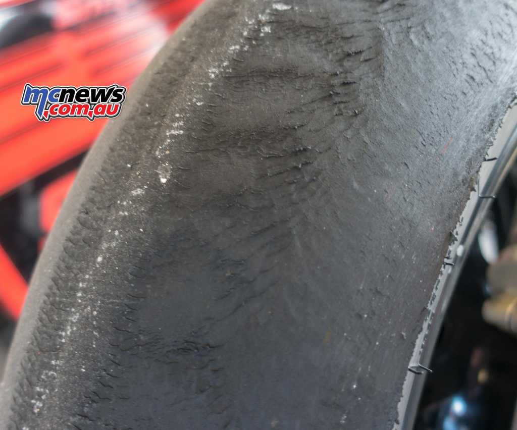The tyre was used when Herfoss went out but was in good shape, it was not in good shape after a few laps of The Bend