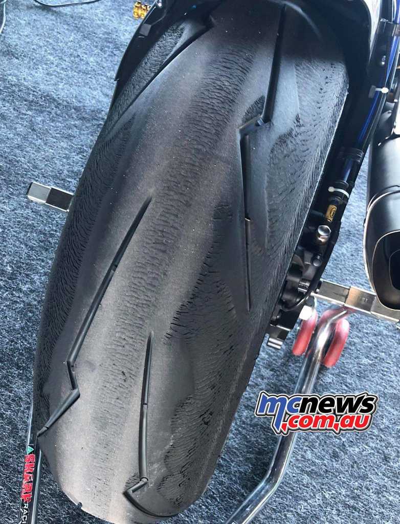 Superbike competitors were not the only ones experiencing massive tyre degradation issues, it was across the board in all classes. Here is a shot of Broc Pearson's tyre from Supersport 600 testing - Image by TBG