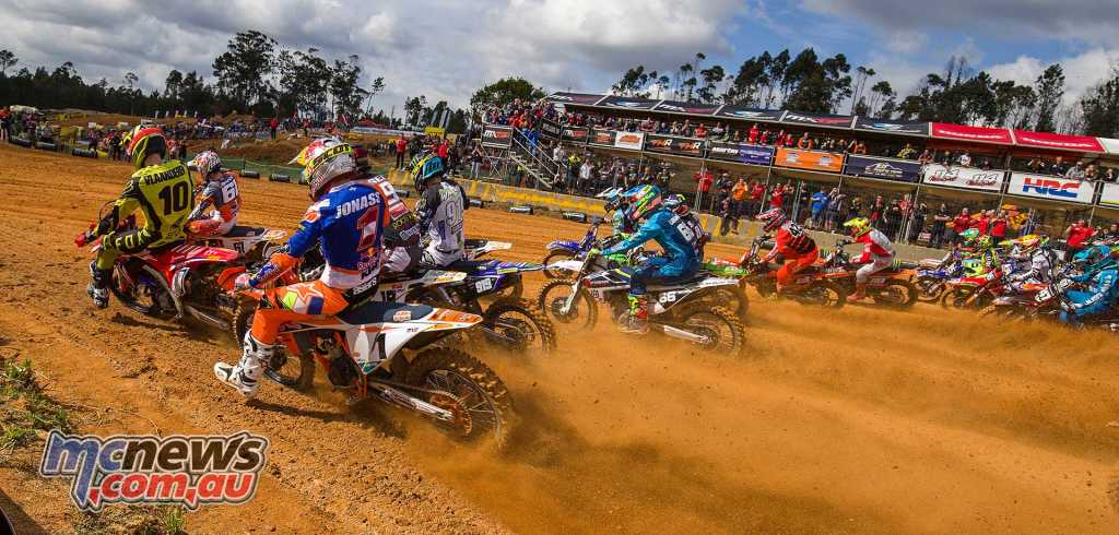 Jorge Prado #61 leads the MX2 pack into turn one in Portugal