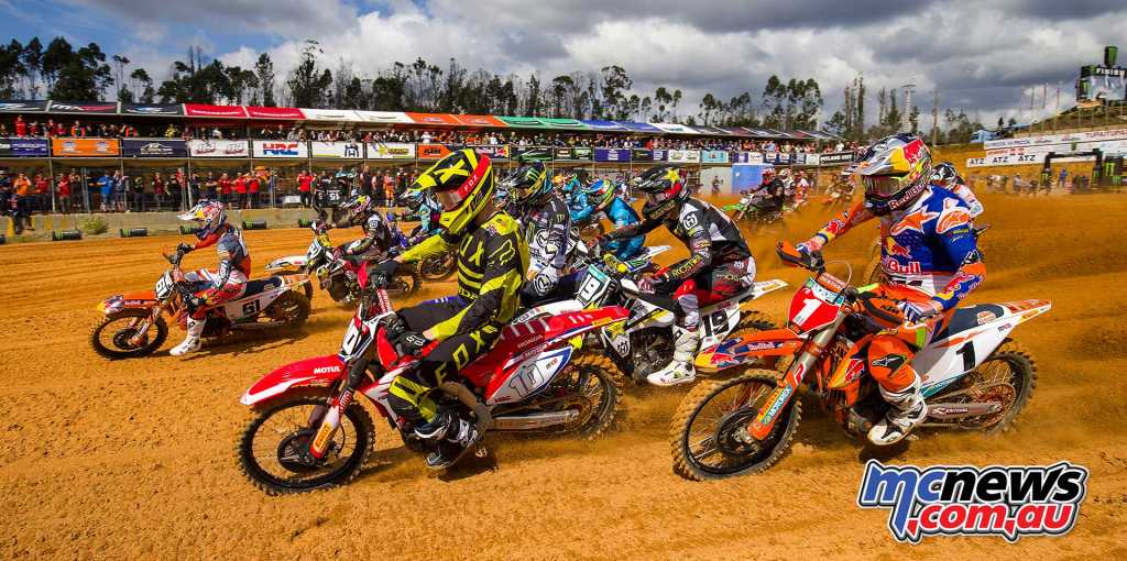 Jorge Prado #61 leads the MX2 pack into turn one in Portugal