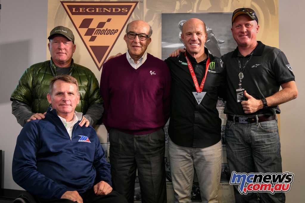 Ezpeleta and Mamola alongside other legends Kenny Roberts Sr, Kenny Roberts Jr, and Wayne Rainey