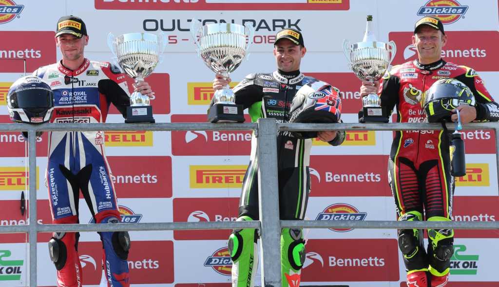 British Superbike Championship, Oulton Park, R1 result Leon Haslam (JG Speedfit Kawasaki) Jake Dixon (RAF Regular & Reserves Kawasaki) +1.624s Shane Byrne (Be Wiser Ducati) +6.224s