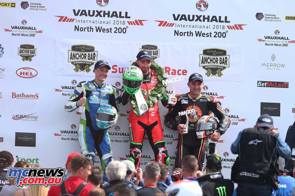 Glenn Irwin topped the North West 200 Superbike podium from Michael Rutter and Dean Harrison