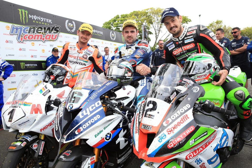 2018-IOMTT-Superbike-Podium-Dunlop-Cummins-Hillier Conor Cummins, Michael Dunlop and James Hillier - Image by Dave Kneen