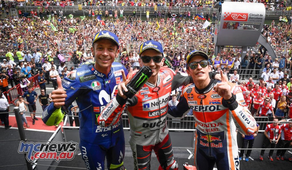 MotoGP 2018 - Round Seven - Catalunya - Results Jorge LORENZO Ducati Team 40'13.566 Marc MARQUEZ Repsol Honda Team +4.479 Valentino ROSSI Movistar Yamaha MotoGP +6.098