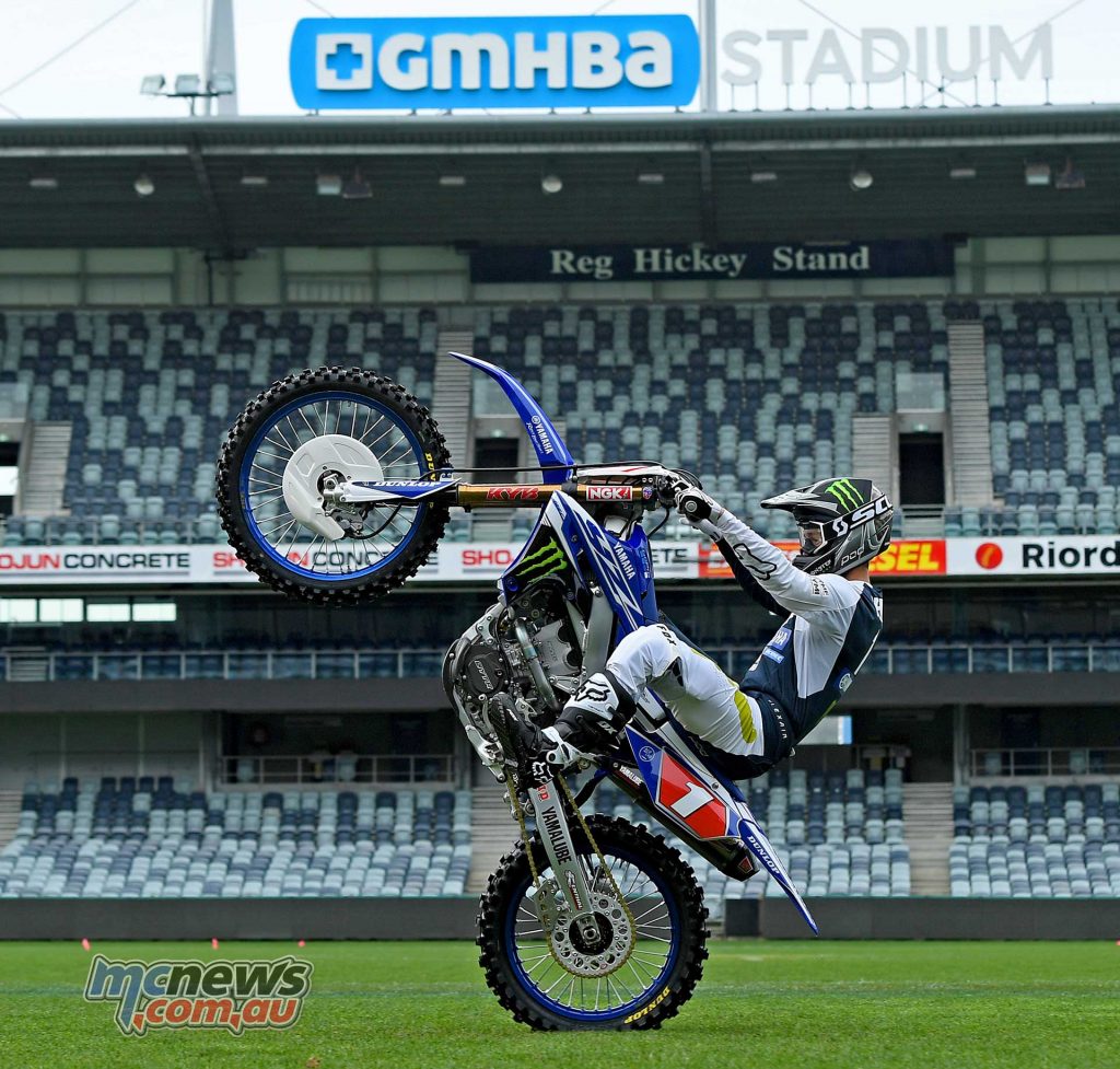 CDR Yamaha Monster Energy factory rider Dean Ferris showing the media some of what will be on hand October 13th at GMHBA Stadium