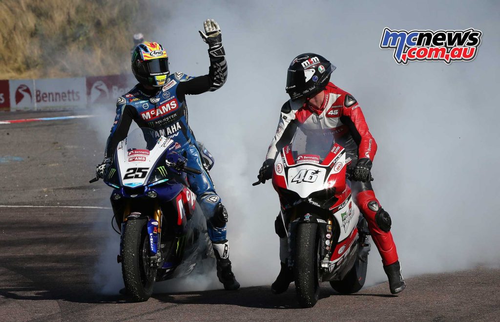 BSB Rnd Thruxton Josh Brookes Winner and Tommy Bridewell joint burnout Image DYeomans