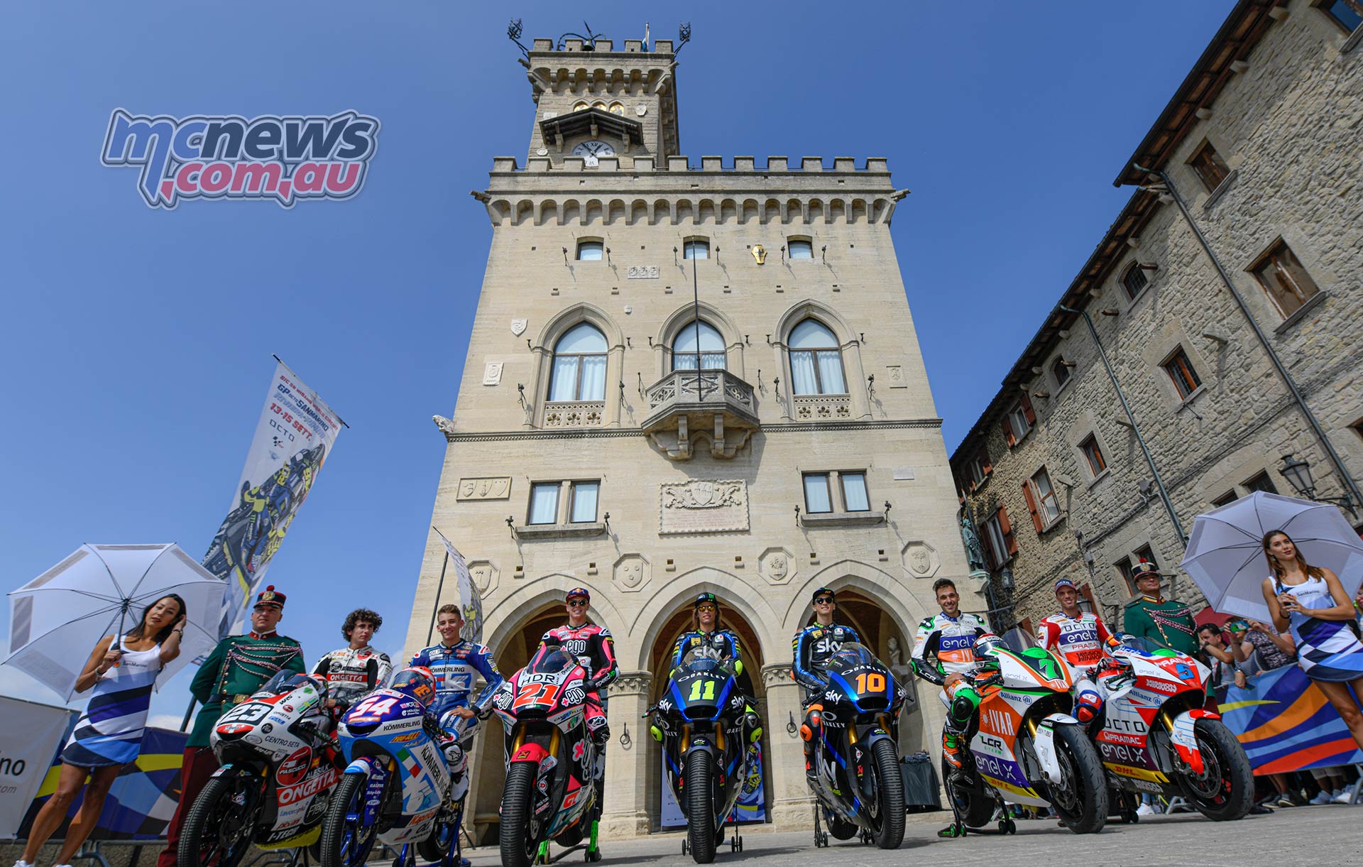 MotoGP Rnd Misano Presser L R Antonelli Rossi Di Giannantonio Bulega Marini Canepa De Angelis in the Piazza della Liberta San Marino MotoGP Rnd Misano Presser L R Antonelli Rossi Di Giannantonio Bulega Marini Canepa De Angelis in the Piazza della Liberta San Marino