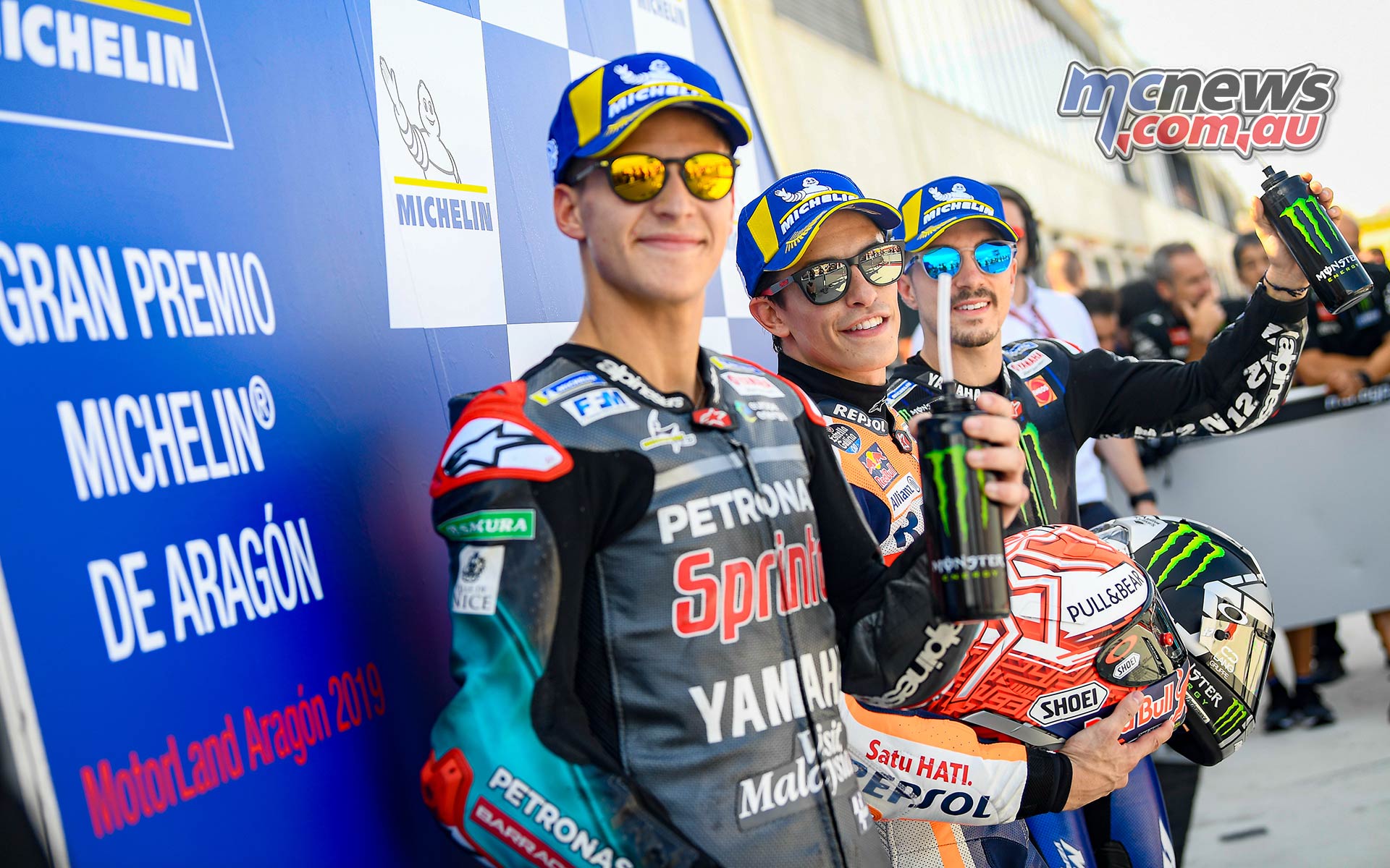 MotoGP Rnd Aragon QP Front row L R Quartararo Marquez and Viñales MotoGP Rnd Aragon QP Front row L R Quartararo Marquez and Viñales