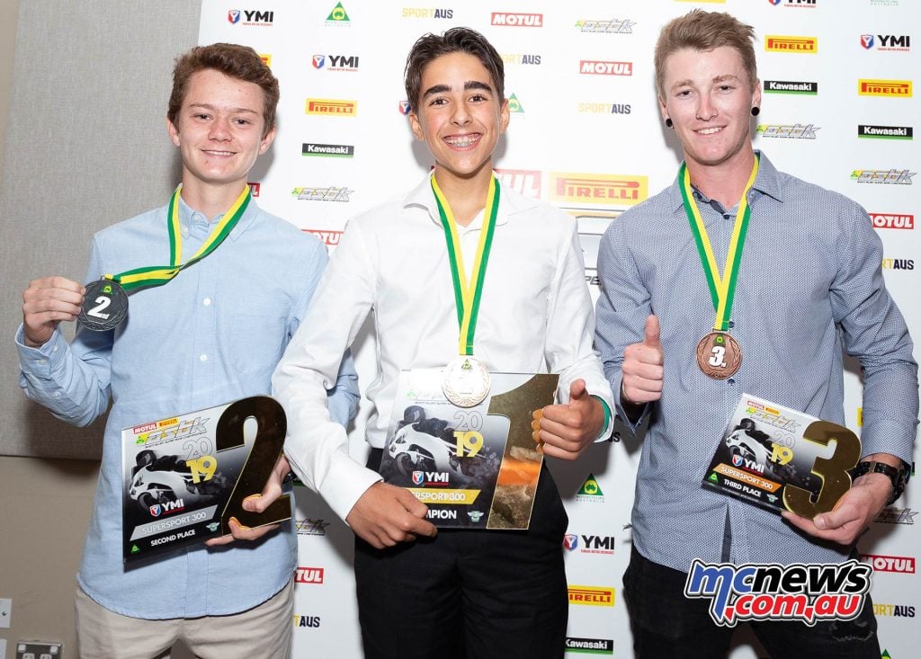 2019 Australian Supersport 300 champion Senna Agius with Max Stauffer and Hunter Ford.