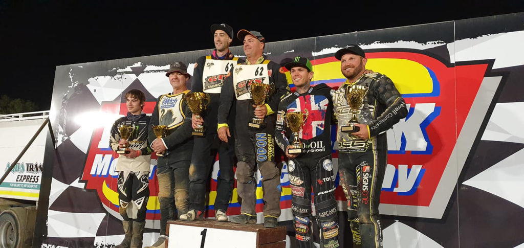 Sidecar podium for the EUROCARS sponsored Jeff Gittus Memorial Sidecar Classic Nash Brown winners Headland Woffinden ndand Mitchell Cornwall