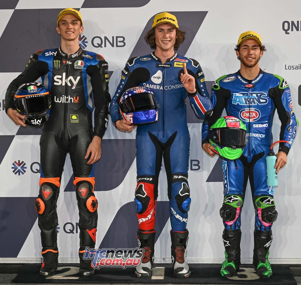MotoGP Rnd Qatar QP Moto front row L R Marini Roberts Bastianini MotoGP Rnd Qatar QP Moto front row L R Marini Roberts Bastianini