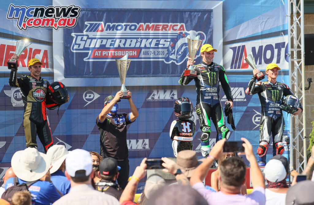 Mathew Scholtz, Cameron Beaubier, Jake Gage on the podium on Saturday - 2020 MotoAmerica Round 4, Pittsburgh