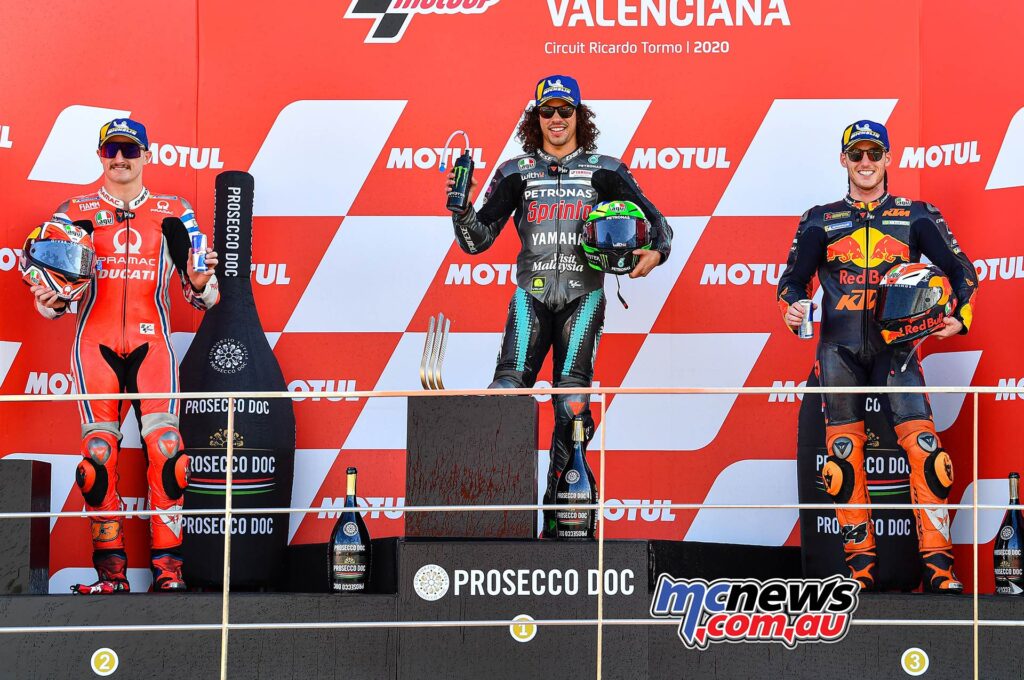 2020 MotoGP Round 14 Valencia Race MotoGP podium L R Miller Morbidelli Espargaro