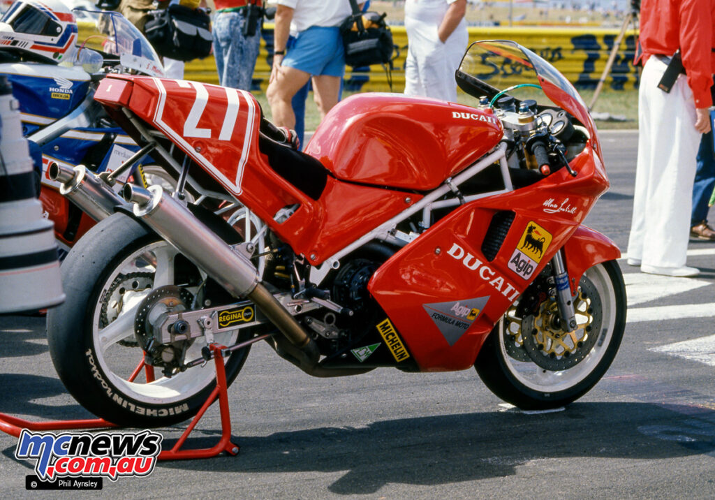 The 851/888 generation took 78 wins. Here is Roche’s Ducati 888 on the grid at Oran Park in 1989. Image by Phil Aynsley