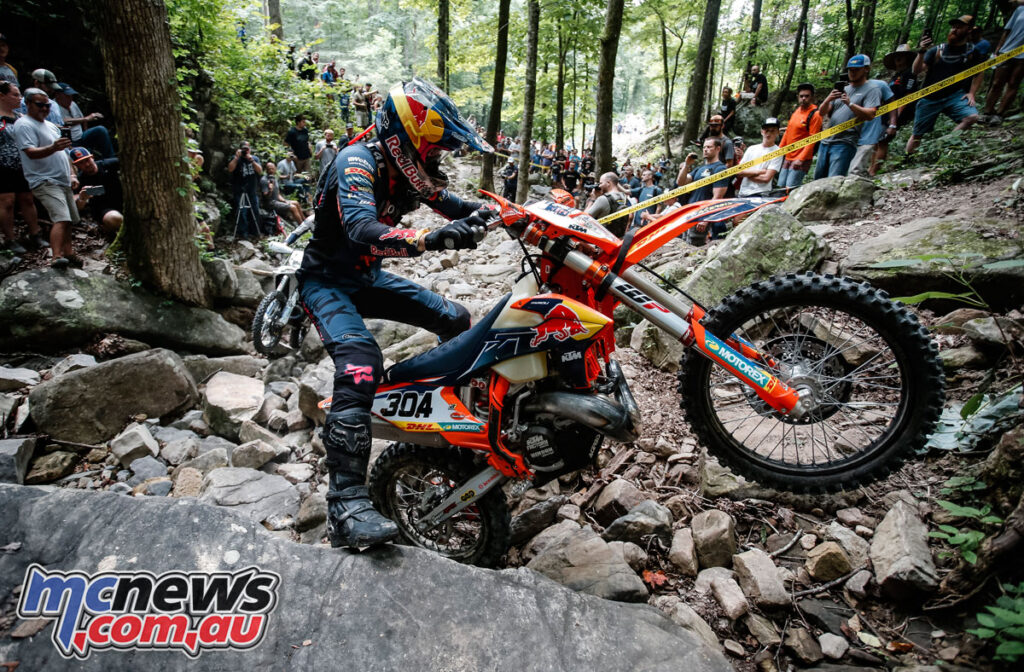 Manuel Lettenbichler currently leads the Hard Enduro standings - pictured at the Red Bull TKO