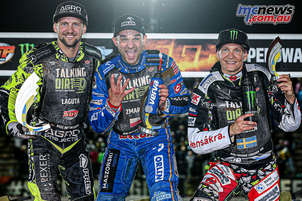 Bartosz Zmarzlik tops the Swedish SGP podium from Artem Laguta and Fredrik Lindgren