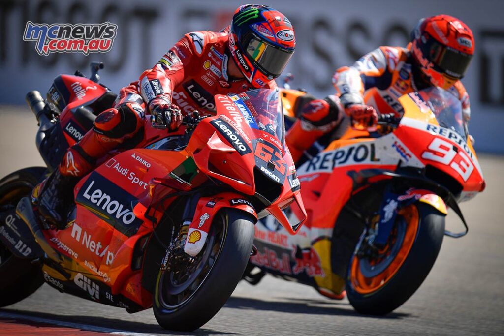 Marquez pushed Bagnaia all the way in 2021, despite his injury and a series of bruising tumbles during practice and qualifying.