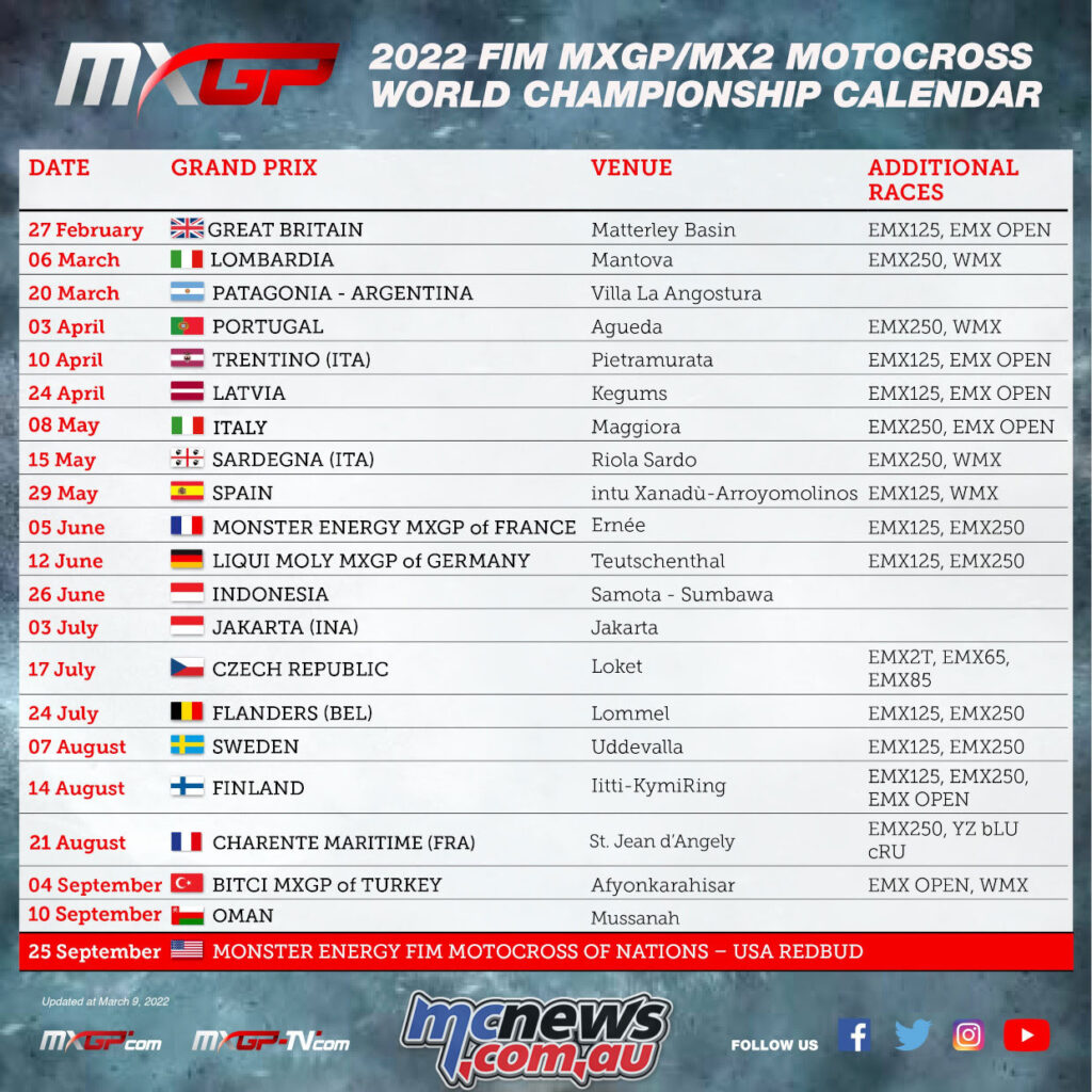 Updated 2022 MXGP calendar
