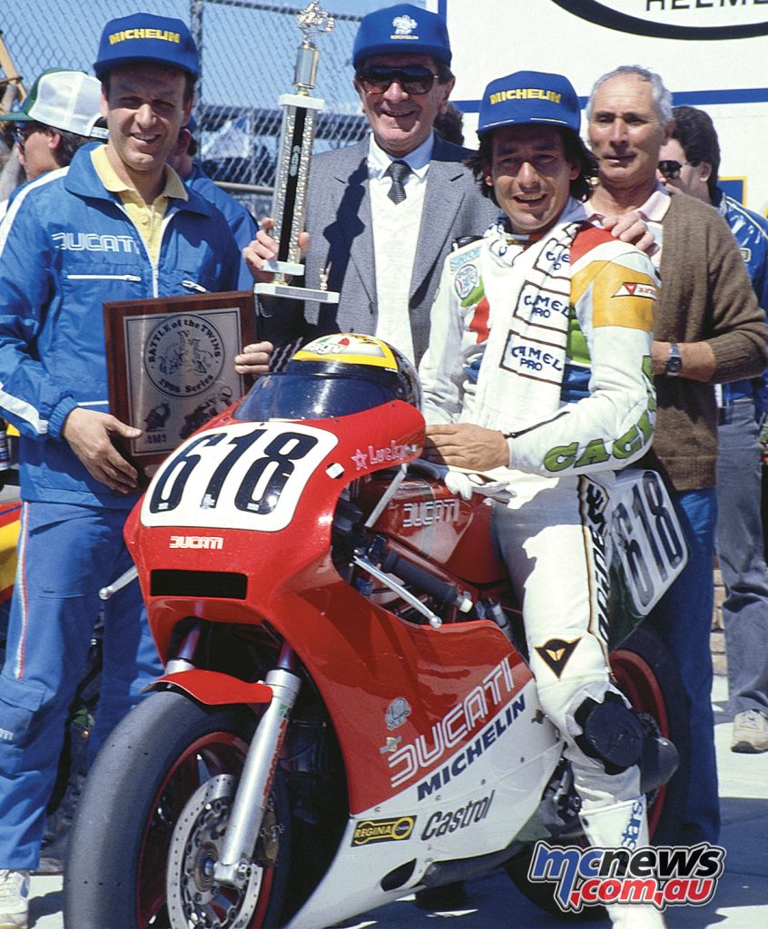 Marco Lucchinelli's success on the 1986 Ducati 750 F1 led to Laguna Seca.