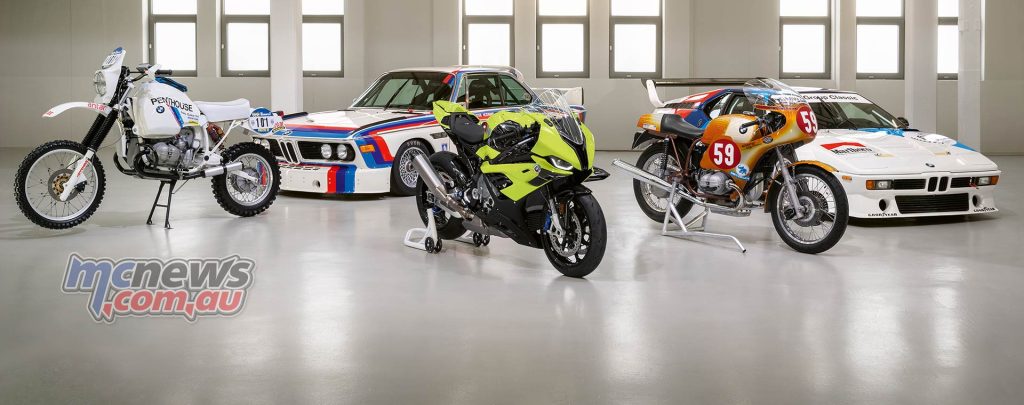BMW M 1000 RR 50 Years M between BMW R 90 G/S Paris Dakar and BMW R 90 S Race bike