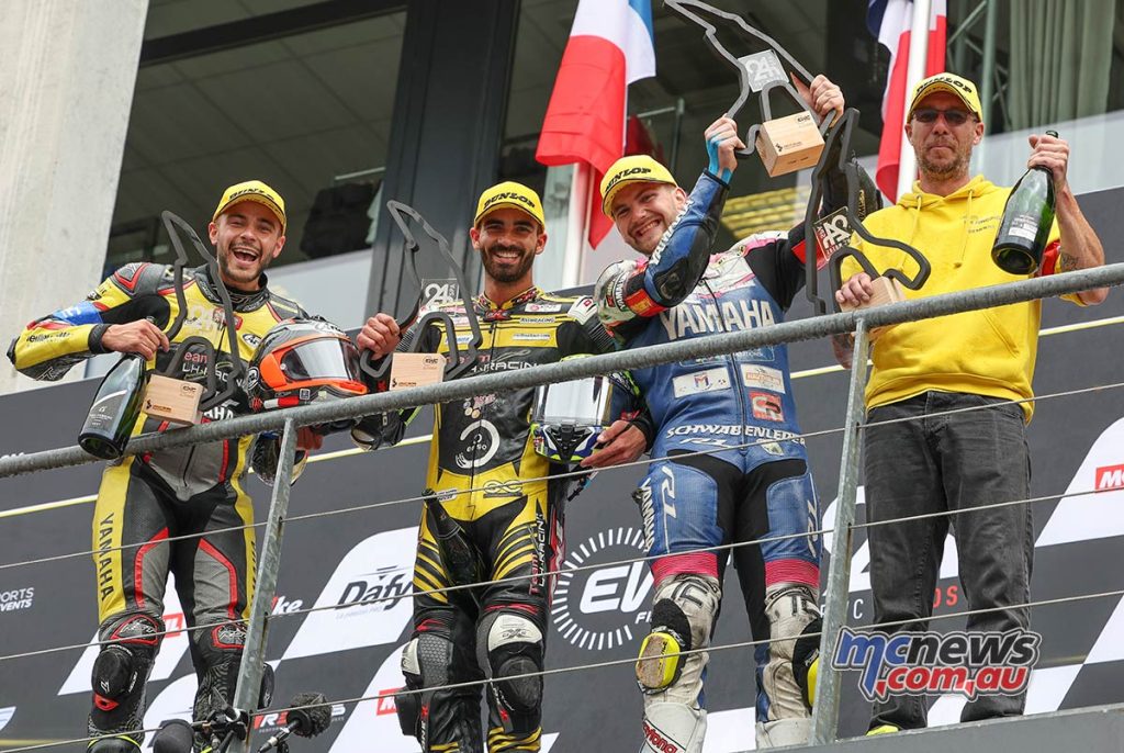 Team LH Racing claimed Dunlop Superstock Trophy and FIM Endurance World Cup honours in eighth overall, Enzo de la Vega, Johan Nigon and Lukas Trautmann
