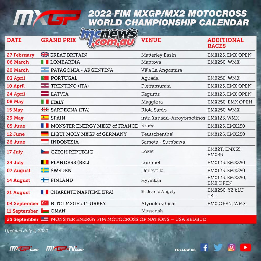 Updated 2022 MXGP Calendar
