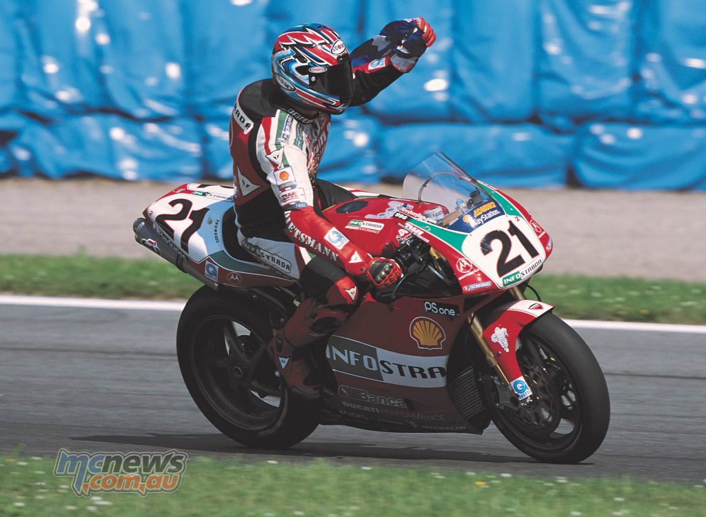 Troy Bayliss is the second most successful race winner for Ducati in World SBK with 52 wins under his belt