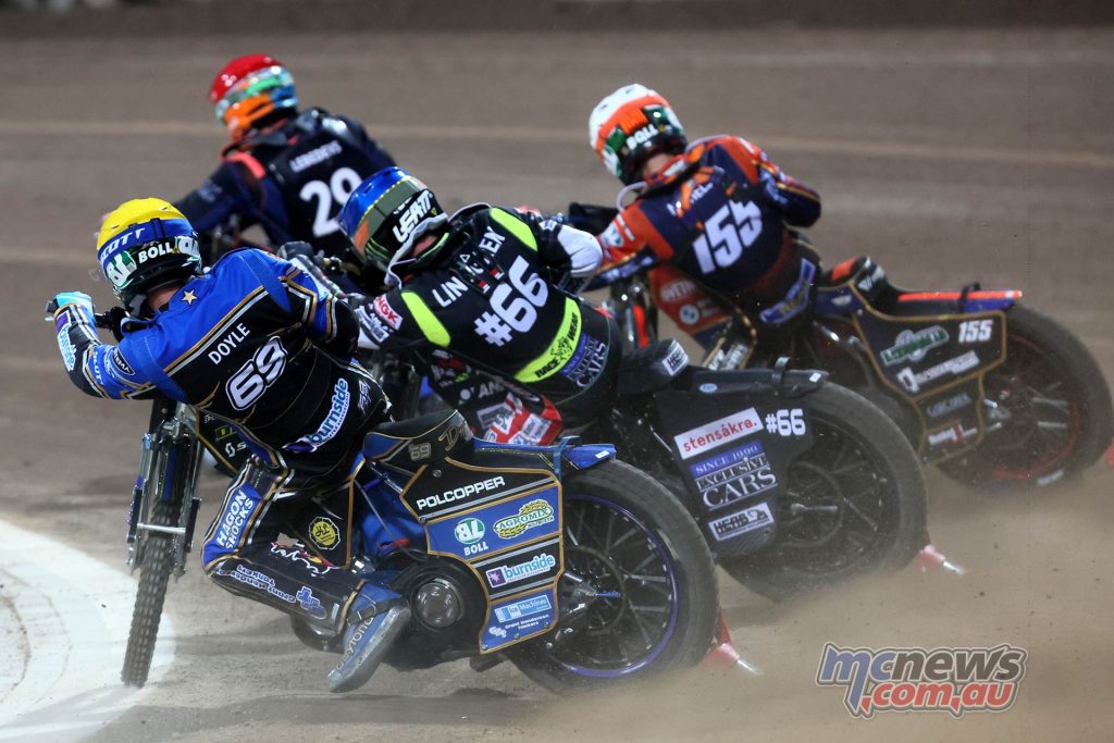 Jason Doyle, seen here on the inside of Lindgren, Michelsen and Lebedevs, collected four-points and is the highest ranked Aussie in the championship, currently in 11th place on 57-points