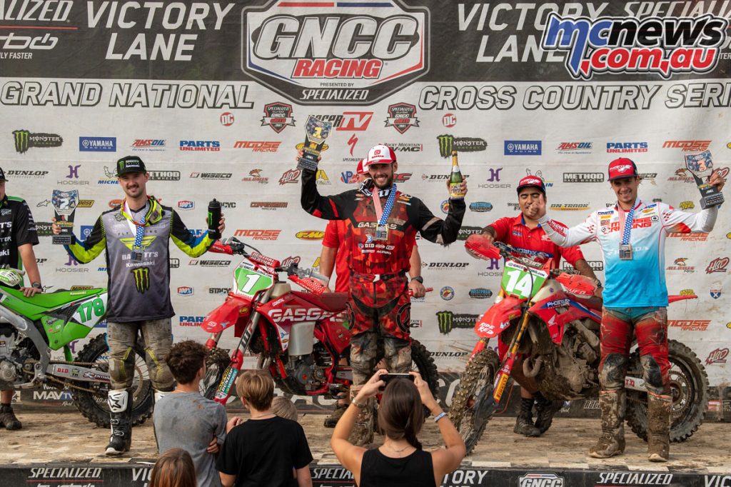 Johnny Girroir (center), Lyndon Snodgrass (left) and Ruy Barbosa (right) rounded out the XC2 250 Pro class top three - Image by Ken Hill