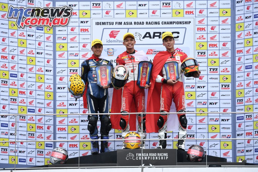 Asia Production 250 cc Race 1 podium 1) Md. Adenanta Putra, 2) Aldi Satya Mahendra, 3) Herjun Atna Firdaus