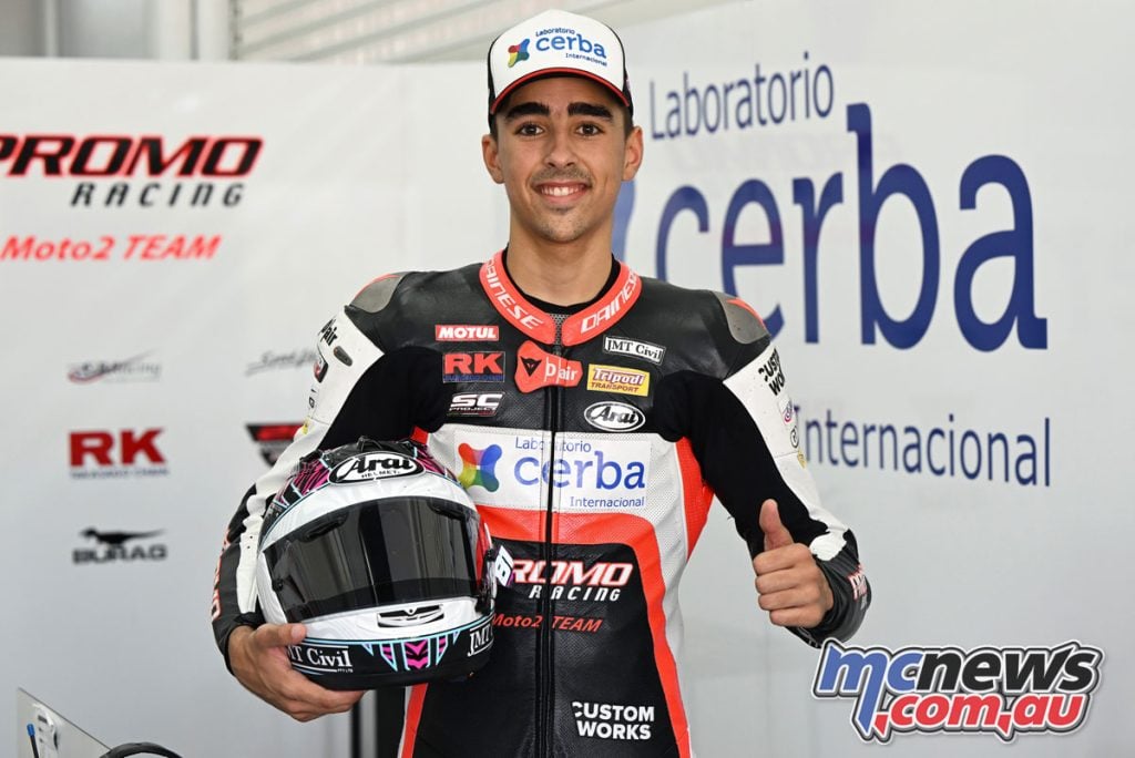 Senna Agius celebrates Moto2 European Championship pole position at Valencia in 2022.