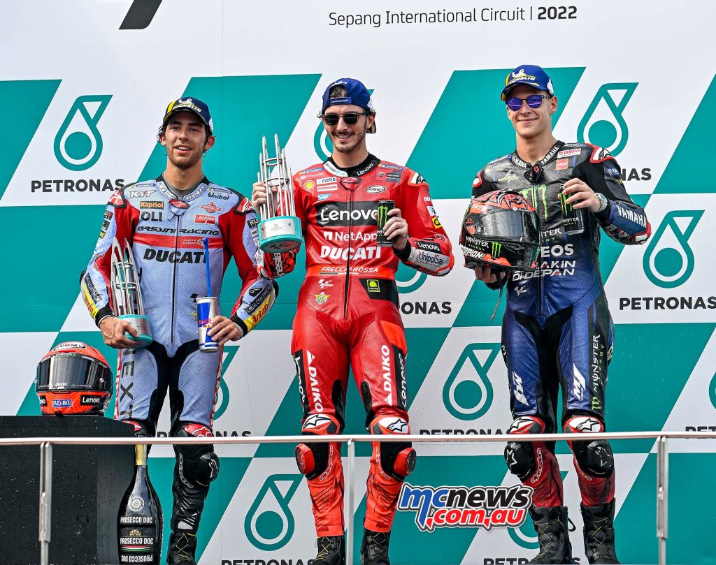 2022 Malaysian MotoGP Results 1 Francesco Bagnaia (Ducati Lenovo Team) - Ducati - 40'14.332 2 Enea Bastianini (Gresini Racing MotoGP) - Ducati - +0.270 3 Fabio Quartararo (Monster Energy Yamaha MotoGP) - Yamaha - +2.773