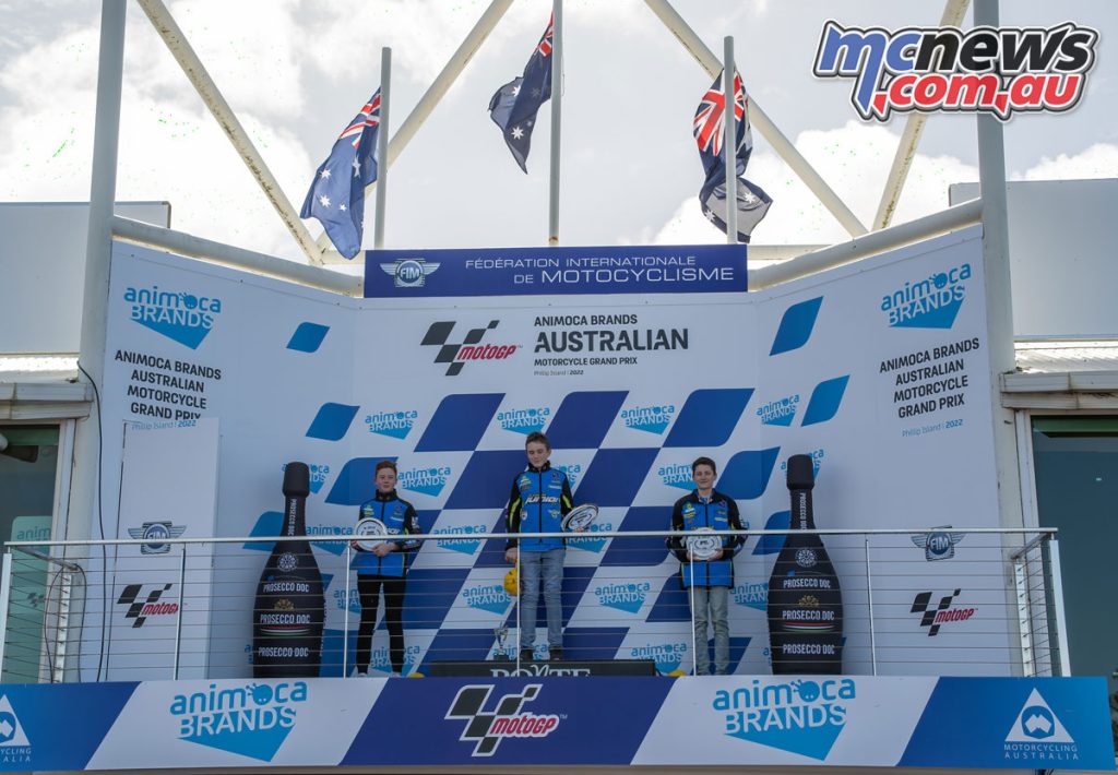 Full Oceania Junior Cup wrap from the Australian MotoGP 12 The Phillip Island OJC Round Podium - 1) Hudson Thompson, 2) Levi Russo, 3) Ryan Larkin