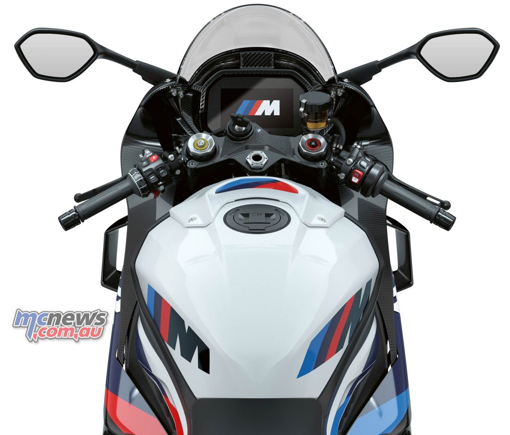 Basic variant of the BMW M 1000 RR with Lightwhite non-metallic color for the fuel tank, side panels, air box cover and rear