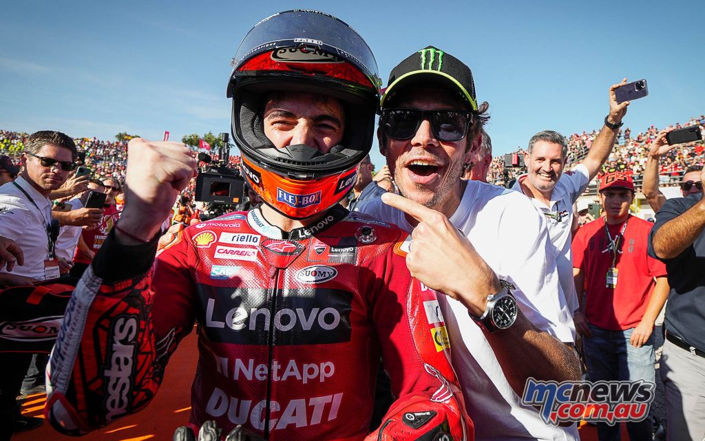 Pecco Bagnaia celebrating with mentor Valentino Rossi