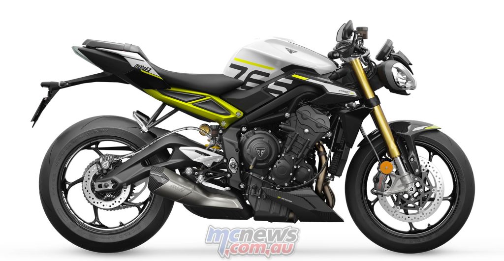 The Street Triple Moto2 Edition also comes in Crystal White with Triumph Racing Yellow subframe