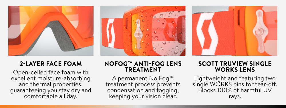 SCOTT Primal Goggle features - 2-layer foam, NoFOG, Truview lens