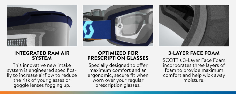 SCOTT Split Goggle features - Integrated ram air, for perscription lenses, three layer foam