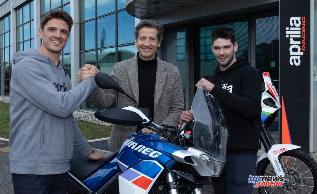Jacopo Cerutti and Francesco Montanari with Aprilia Racing CEO Massimo Rivola