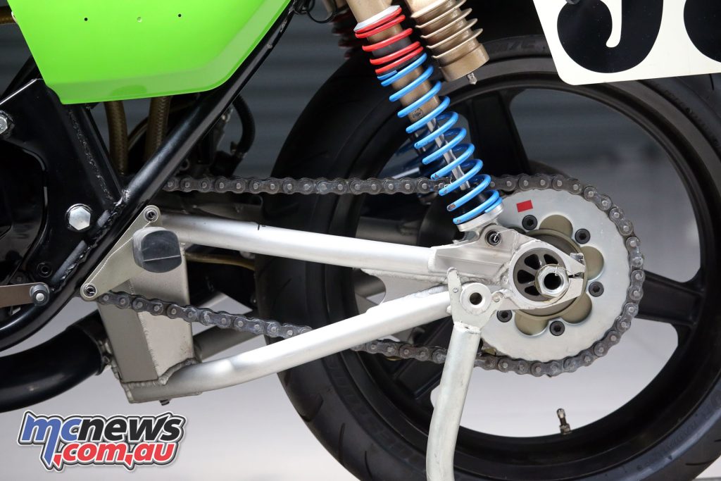 The front of the aluminium swingarm doubled as an oil catch tank for the crankcase breather