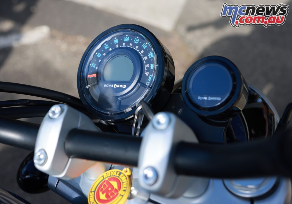 The dash is simple but does the job, with analogue speedo, no tacho, and a digital central readout-out, plus the Royal Enfield