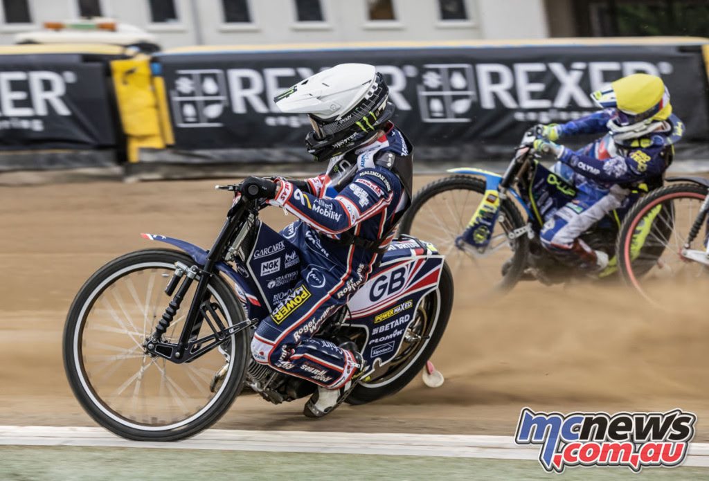 Tai Woffinden in GB colours at the Monster Energy FIM Speedway Wold Cup - Image by Taylor Lenning