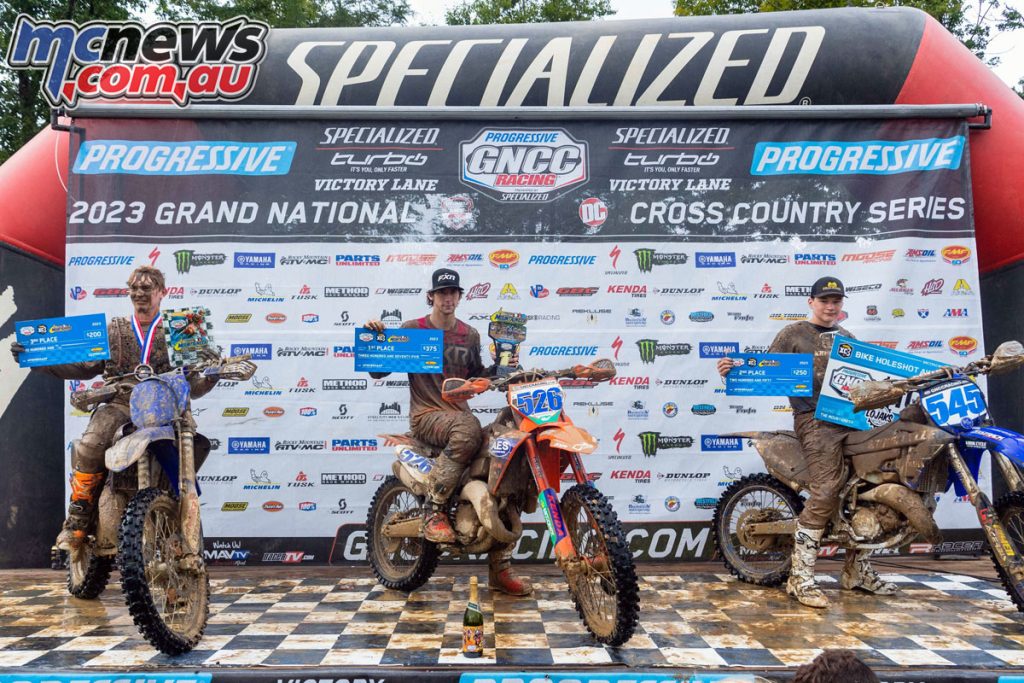 Dakoda Devore (center), Sawyer Carratura (right) and Drew Callaway (left) rounded out the FMF XC2 125 Pro-Am podium - Image by Mack Faint