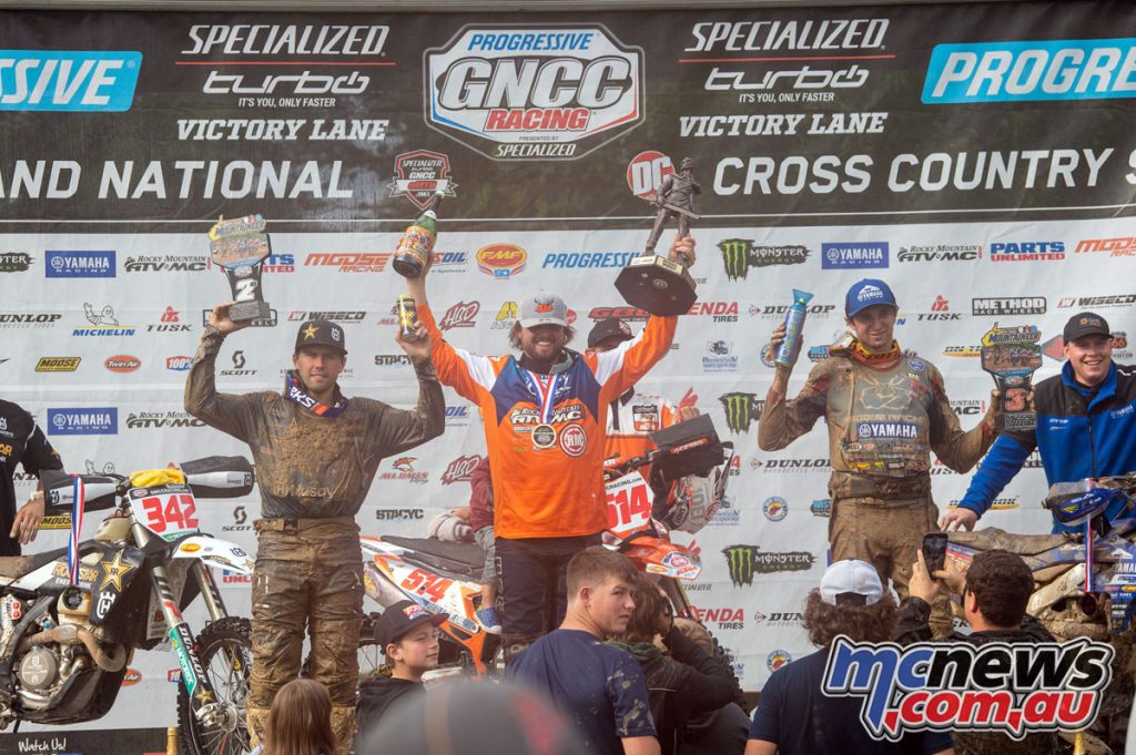 Steward Baylor (center), Craig Delong (left) and Ricky Russell (right) rounded out the top three finishers at The Rocky Mountain ATV/MC Mountaineer GNCC - Image by Ken Hill