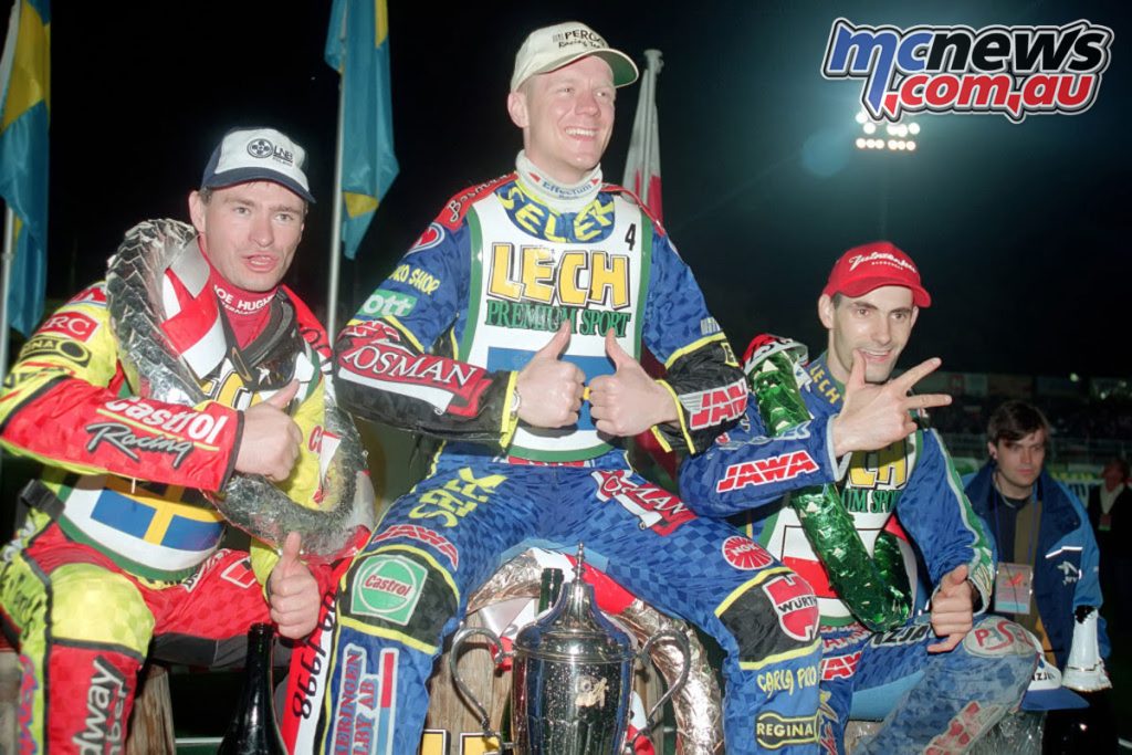 Rickardsson topped the 1998 Speedway GP podium alongside Jimmy Nilsen (left) and Tomasz Gollob (right) - Image by Jarek Pabijan