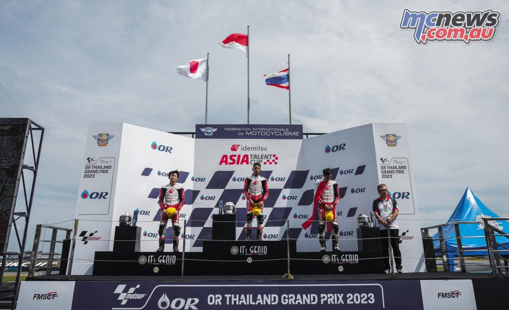 Asia Talent Cup Race Two's podium at the Thailand GP - 1) Veda Pratama, 2) Amon Odaki, 3) Jakkreephat Phuttisa