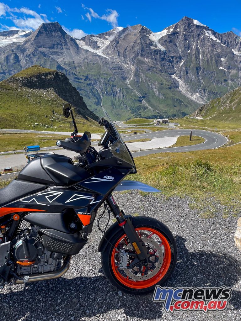 Suspension travel is generous on the KTM 890 SMT at 180 mm each end, down on the 240 off the Adventure R - Gross Glockner Pass