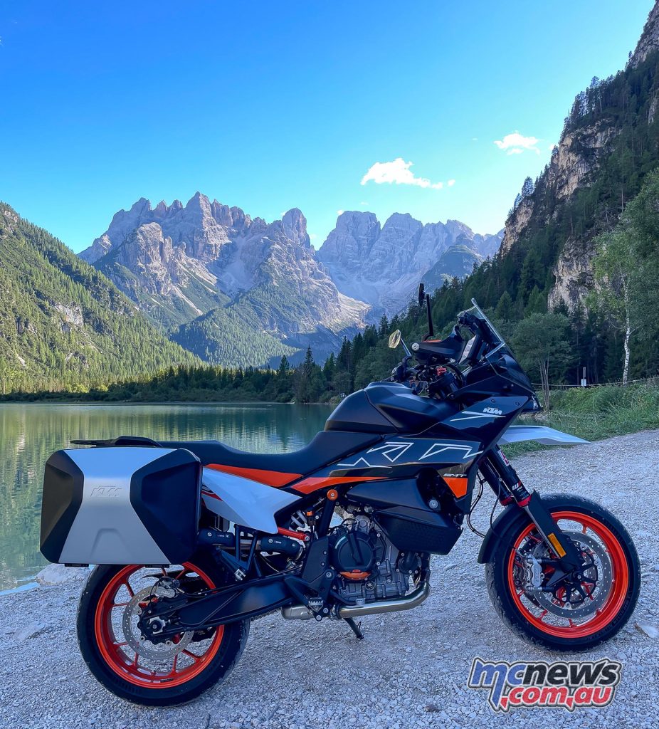 The KTM 890 SMT at Lake Landro, complete with side-panniers