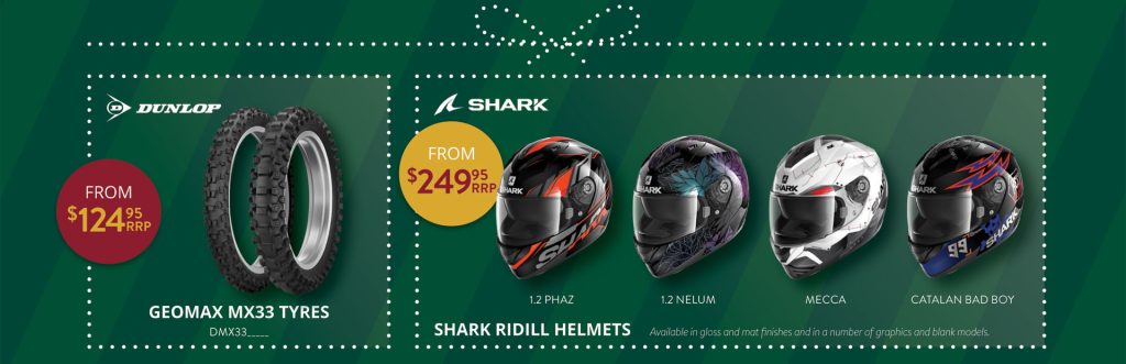Grab a deal on the Dunlop Geomax MX33 tyres, or on the Shark Riddill Helmets